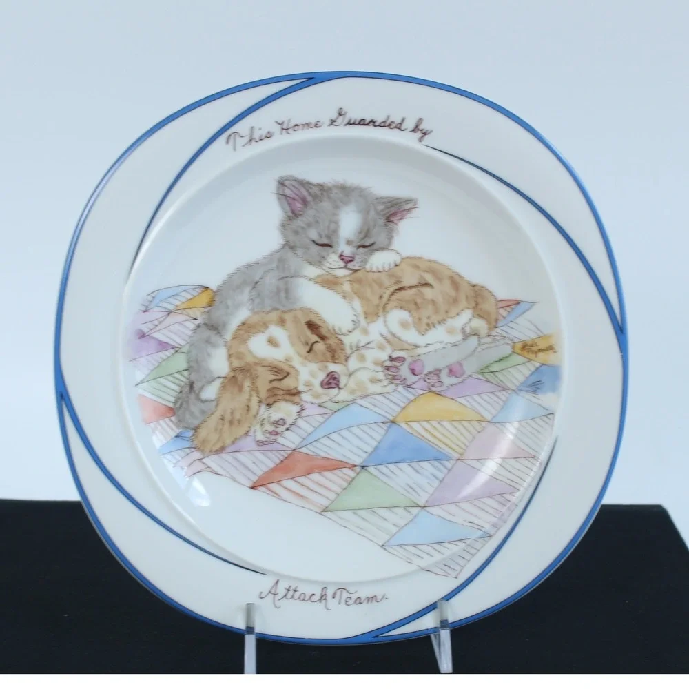 Mikasa Scallops Attack Team Cat Dog Fine China Plate White Blue 7.5 Inch Vintage